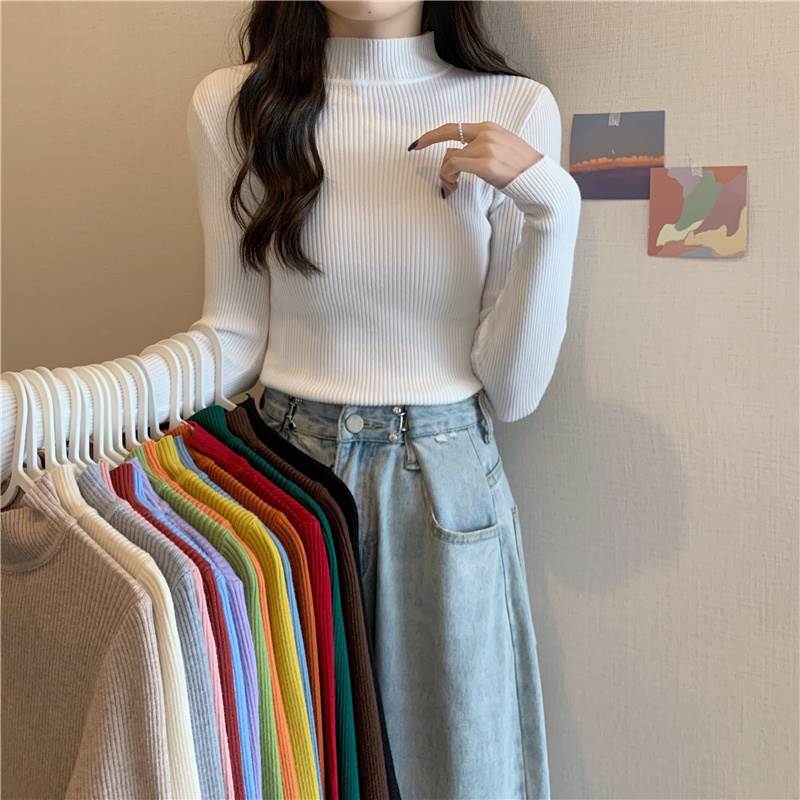 半高领长袖针织衫女士毛衣早秋季新款内搭打底衫今年流行漂亮上衣