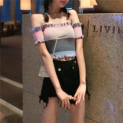 夏季新款减龄少女感彩虹针织衫女一字领露肩木耳边短袖恤潮
