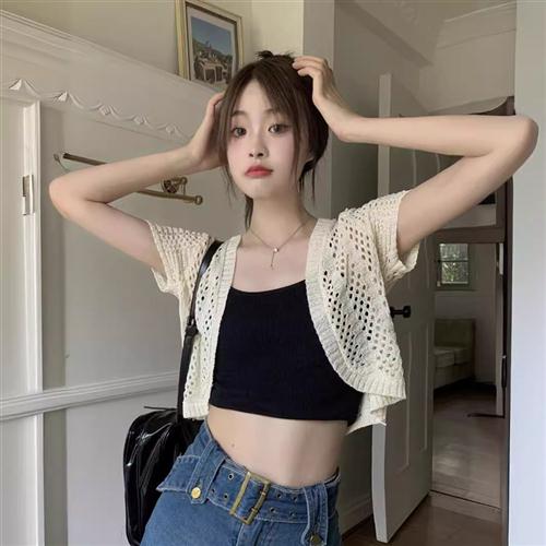 夏季针织短袖镂空钩花防晒开衫女薄款小外套短款上衣空调罩衫外搭