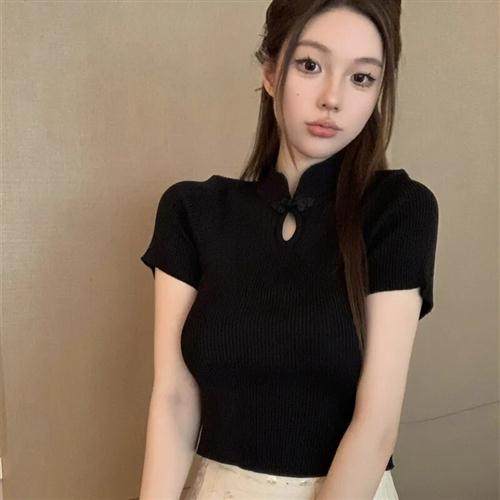 辣妹复古新中式盘扣立领短袖修身上衣女装夏季显瘦百搭短款针织衫
