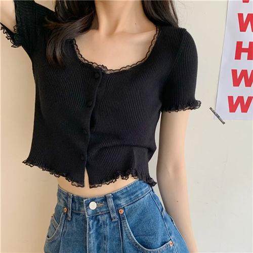 法式复古少女软糯蕾丝花边圆领针织衫高腰短款边夏季短袖T恤上衣
