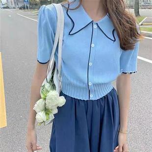 气质领短袖 修身 薄款 春夏装 短款 女装 套头针织衫 粉蓝色 新款