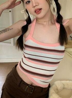 休闲彩色条纹吊带女夏季新款复古港味挂脖背心甜辣风短款无袖上衣