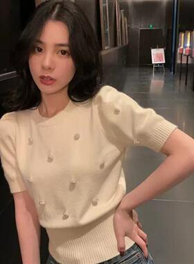 夏季气质冰丝针织短袖设计小众短款上衣女正肩恤女打底外穿