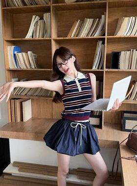 撞色条纹领无袖针织恤女夏季修身韩系甜美显瘦短款上衣