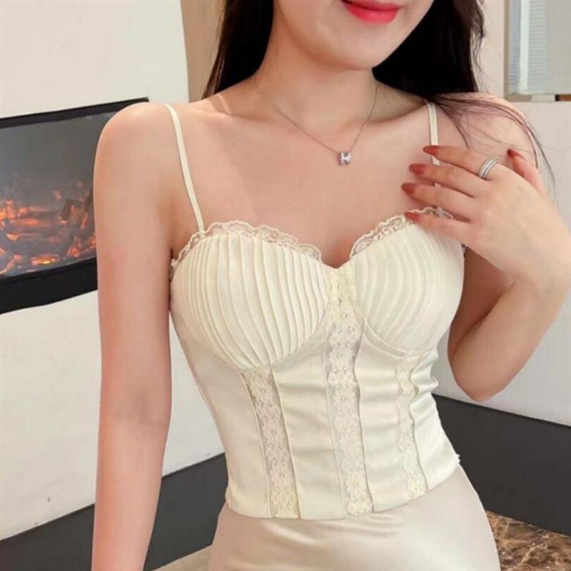 2024新款甜美淑女设计感修身蕾丝花边拼接无袖美背打底衫性感上衣