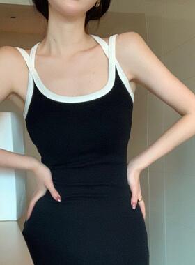 黑色针织吊带连衣裙女夏季新款露背无袖修身紧身收腰性感包臀裙潮