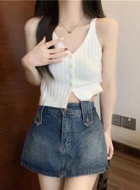 黄色领短款针织小吊带女外穿夏季新款高腰露脐超火背心上衣潮