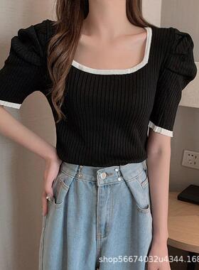 短袖t恤女2024新款夏黑色上衣修身显瘦锁骨半袖方领法式泡泡袖T