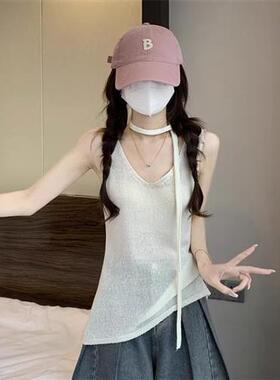 夏季新款甜美纯欲风韩系设计感领飘带显瘦针织背心吊带上衣