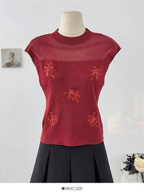 夏季韩系新款圆领珠片亮片短袖时尚修身毛织衫上衣小众女装内搭