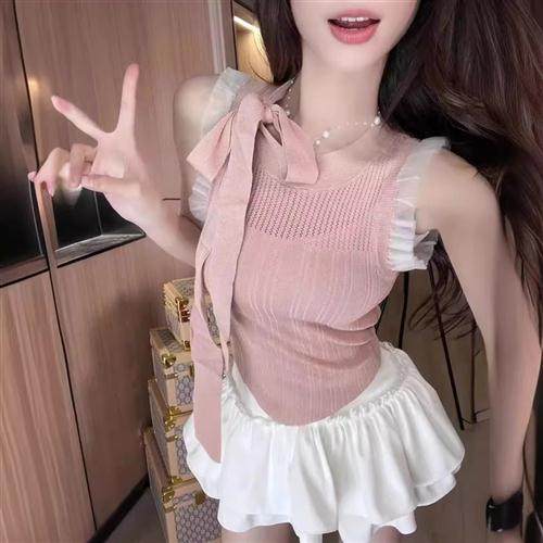 辣妹无袖针织吊带女夏季新款韩版蝴蝶结绑带圆领显瘦高腰短款上衣
