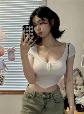 纯欲风白色U领短袖T恤女夏季设计感小众性感辣妹紧身显瘦短款上衣