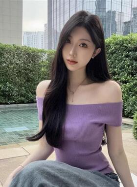 新款紫色一字领短袖恤女夏季新款纯欲风甜辣妹紧身短款露肩