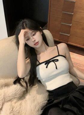 白色蝴蝶结吊带小背心女春季外穿纯欲无袖内搭修身短款上衣打底衫