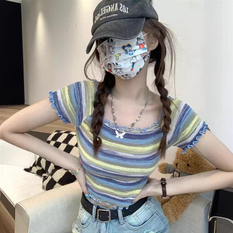 辣妹一字肩短款木耳边夏季chic内搭短袖t恤上衣女打底衫条纹小衫