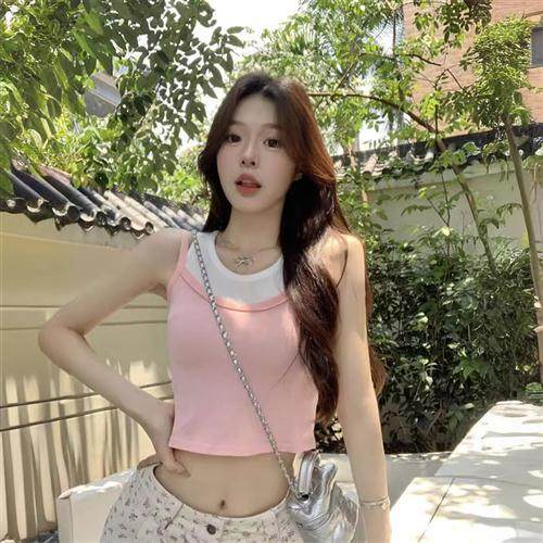 设计感小众甜辣妹纯欲风假两件小吊带背心女夏季短款修身无袖上衣