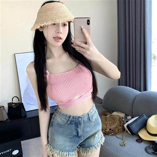纯欲性感短款花朵绑带针织吊带背心女夏外穿内搭小众无袖上衣洋气