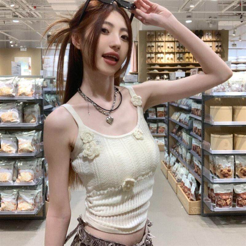 高街辣妹夏季茶歇立体小白花清冷设计修身针织吊带背心女打底上衣