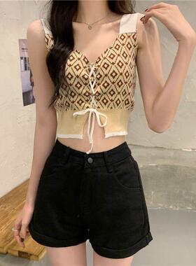 泫雅风夏季新款吊带背心女黄色格子无袖打底衫复古上衣潮流ins风