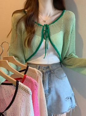 系带镂空长袖针织开衫女装薄款夏季设计感小众宽松短款防晒衫上衣