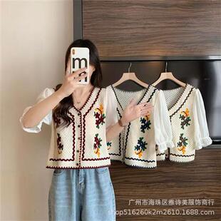 法式复古小众绣花针织短袖雪纺衬衫女夏季显瘦设计感拼接短款上衣