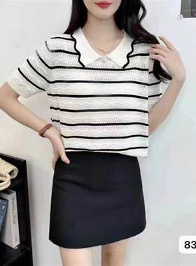 夏季新款泫雅风甜美清新显瘦翻领波浪条纹镂空短袖短款上衣女