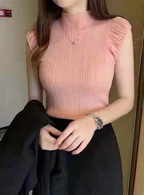 春秋半高领针织衫耸肩无袖外穿背心女内搭上衣毛衣修身打底衫
