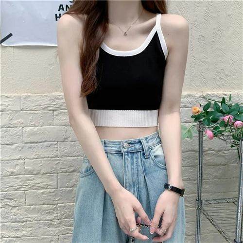 辣妹简约收腰针织小吊带背心女内搭外穿粉色韩版短款上衣ins打底