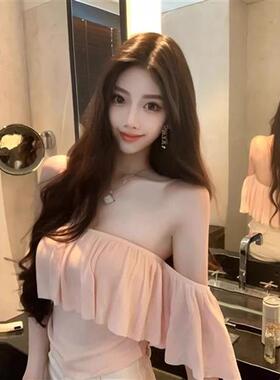 甜辣妹一字肩露肩短袖女夏季荷叶边修身显瘦短款针织恤上衣女