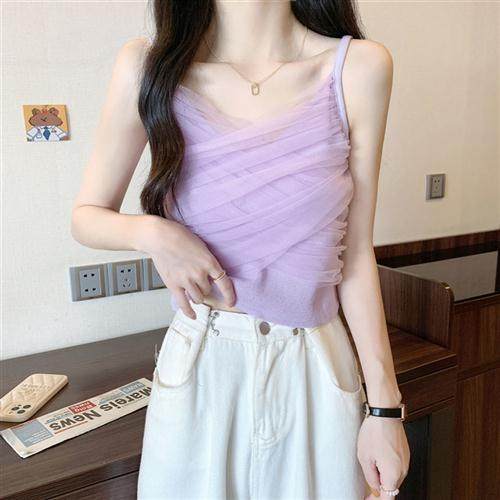 纯欲风辣妹抹胸吊带背心女夏季新款网纱拼接设计感高腰露背上衣潮