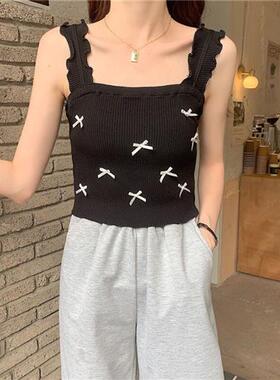 紫色蝴蝶结小吊带女夏季新款背心小众外穿针织修身显瘦短款上衣潮
