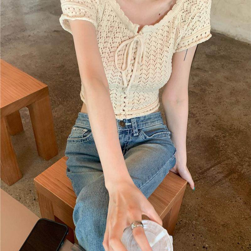 法式设计感绑带镂空短袖别致上衣女夏季短款T恤复古甜辣妹针织衫
