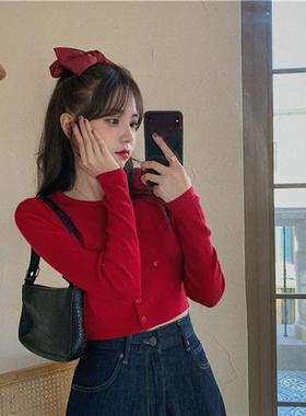薄款针织开衫2024春季新款韩版复古红色修身长袖显瘦短款上衣外套