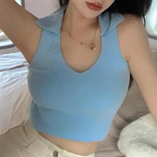 针织内搭上衣女春夏新款 仿水貂毛纯色百搭小吊带性感独特翻领背心