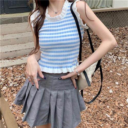 木耳边条纹吊带背心女夏季内搭修身chic短款辣妹无袖针织上衣外穿