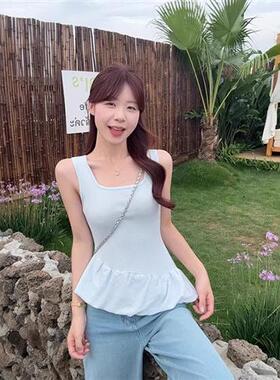度假风显白红色荷叶边吊带背心女领收腰显瘦针织无袖上衣外穿