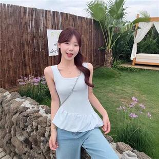 度假风显白红色荷叶边吊带背心女领收腰显瘦针织无袖上衣外穿