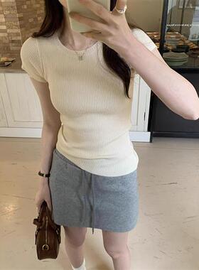韩版简约套头圆领修身短袖恤女夏季新款显瘦奶黄色百搭针织上衣