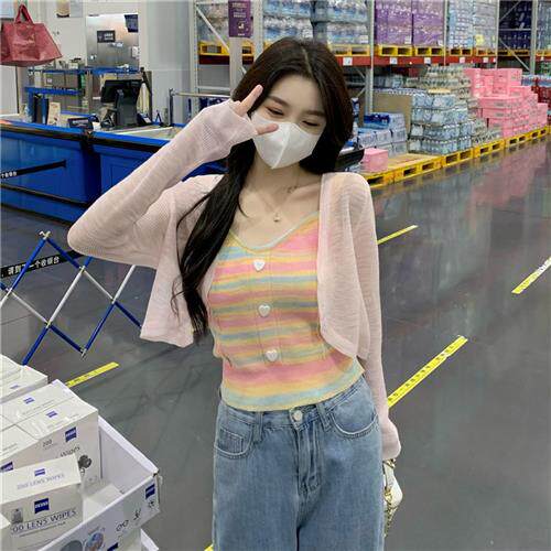 甜辣彩虹色针织吊带无袖上衣超火夏日纯欲辣妹别致内搭小背心