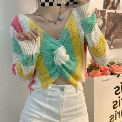 多巴胺韩版针织衫交叉露背秋季法式设计气质长袖彩虹拼接毛衣上衣