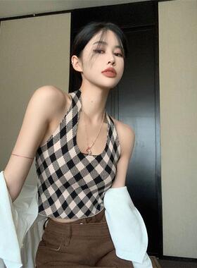 港味蓝色格子挂脖小吊带背心女夏季内搭甜辣性感美背无袖打底上衣