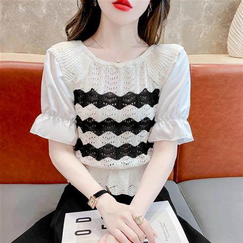 2024夏季新款泡泡袖冰丝针织衫t恤女短袖设计感气质镂空短款上衣