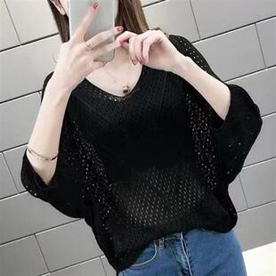 薄款 领蝙蝠袖 恤女罩衫 七分袖 镂空针织衫 上衣夏季 宽松大码 女 短款