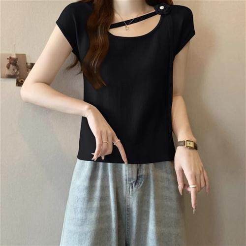 方领立体花朵T恤女装新款设计感小众体恤修身显瘦小飞袖上衣气质