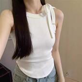 带胸垫上衣 短款 韩系蝴蝶结系带白色吊带背心针织女夏季 甜辣妹修身
