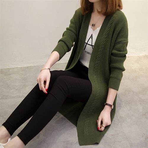 秋冬外贸爆款中长款针织开衫韩版宽松显瘦简约无扣长袖麻花毛衣女