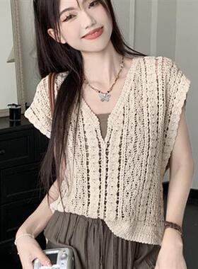 镂空钩花领马甲针织衫女夏设计短款外搭无袖上衣短袖文艺风