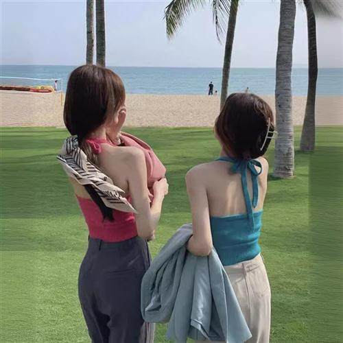 网红百搭纯欲背心23夏季新款纯色洋气挂脖式吊带无袖露脐辣妹上衣
