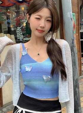 多巴胺渐变蓝色蝴蝶针织条纹吊带背心女夏季辣妹短款抹胸外搭上衣